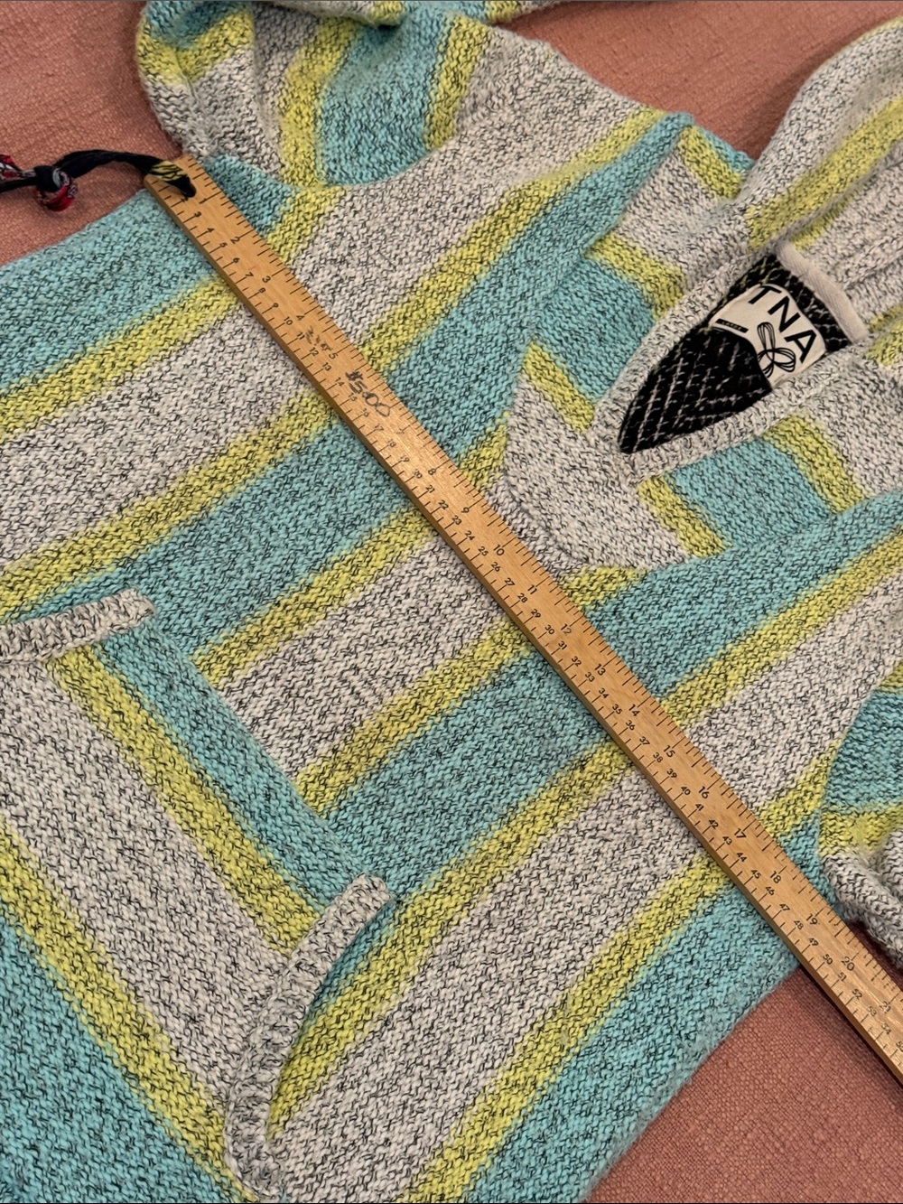 Large wm’s soft and cozy Hooded Striped Baja Sweater - Teal, Gray, Yellow - Picture 7 of 15